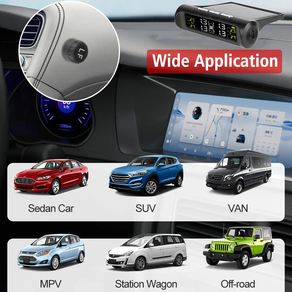 Tire Pressure Monitoring System Temperature Warning Fuel Save With 4 External Sensors Solar TPMS Car Tyre Pressure Monitor