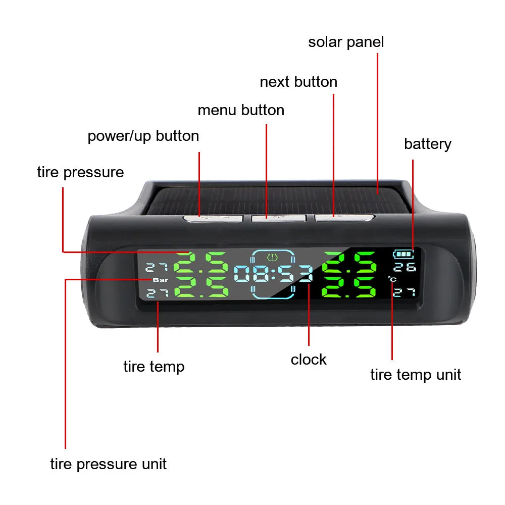 Tire Pressure Monitoring System Temperature Warning Fuel Save With 4 External Sensors Solar TPMS Car Tyre Pressure Monitor