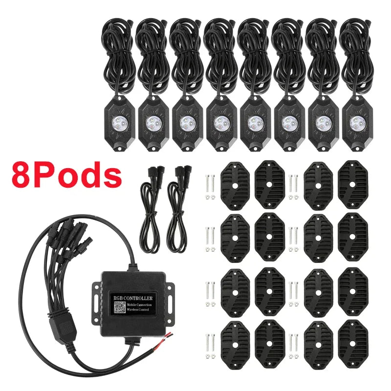 4/8/12 In 1 RGB LED Rock Lights Car Chassis Neon Decorative Light for Cars Off Road Truck (App Remote Control) Car Lights