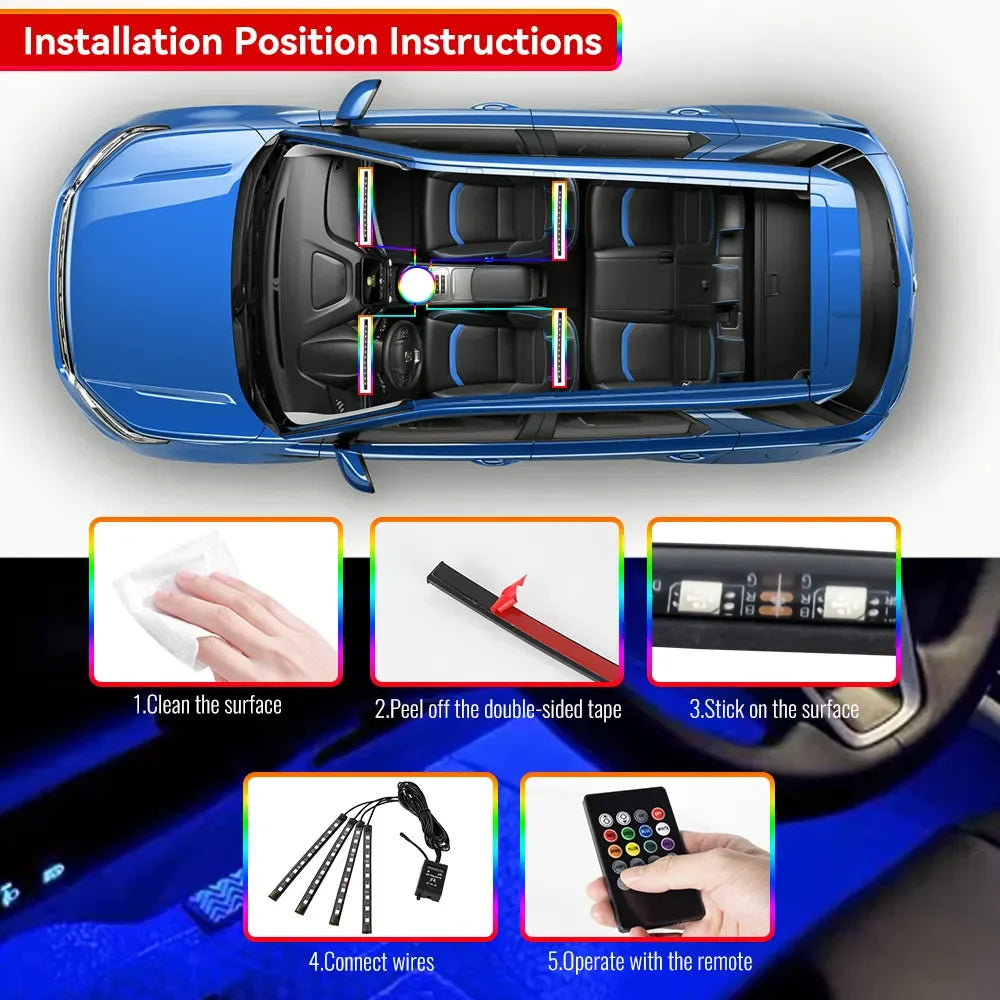 Neon 36 48 72 LED Car Interior Ambient Foot Light with USB Wireless Remote Music APP Control Auto RGB Atmosphere Decorative Lamp
