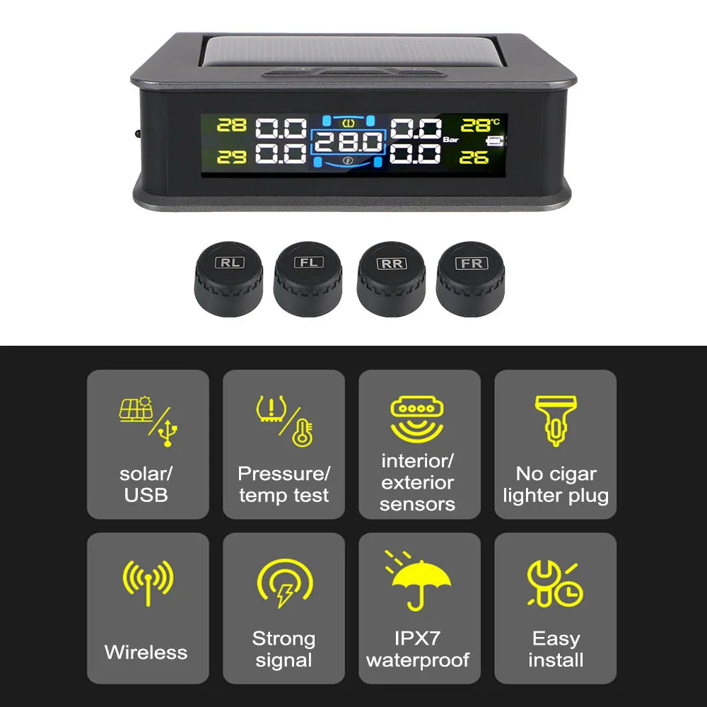 Tire Pressure Monitoring System Temperature Warning Fuel Save With 4 External Sensors Solar TPMS Car Tyre Pressure Monitor