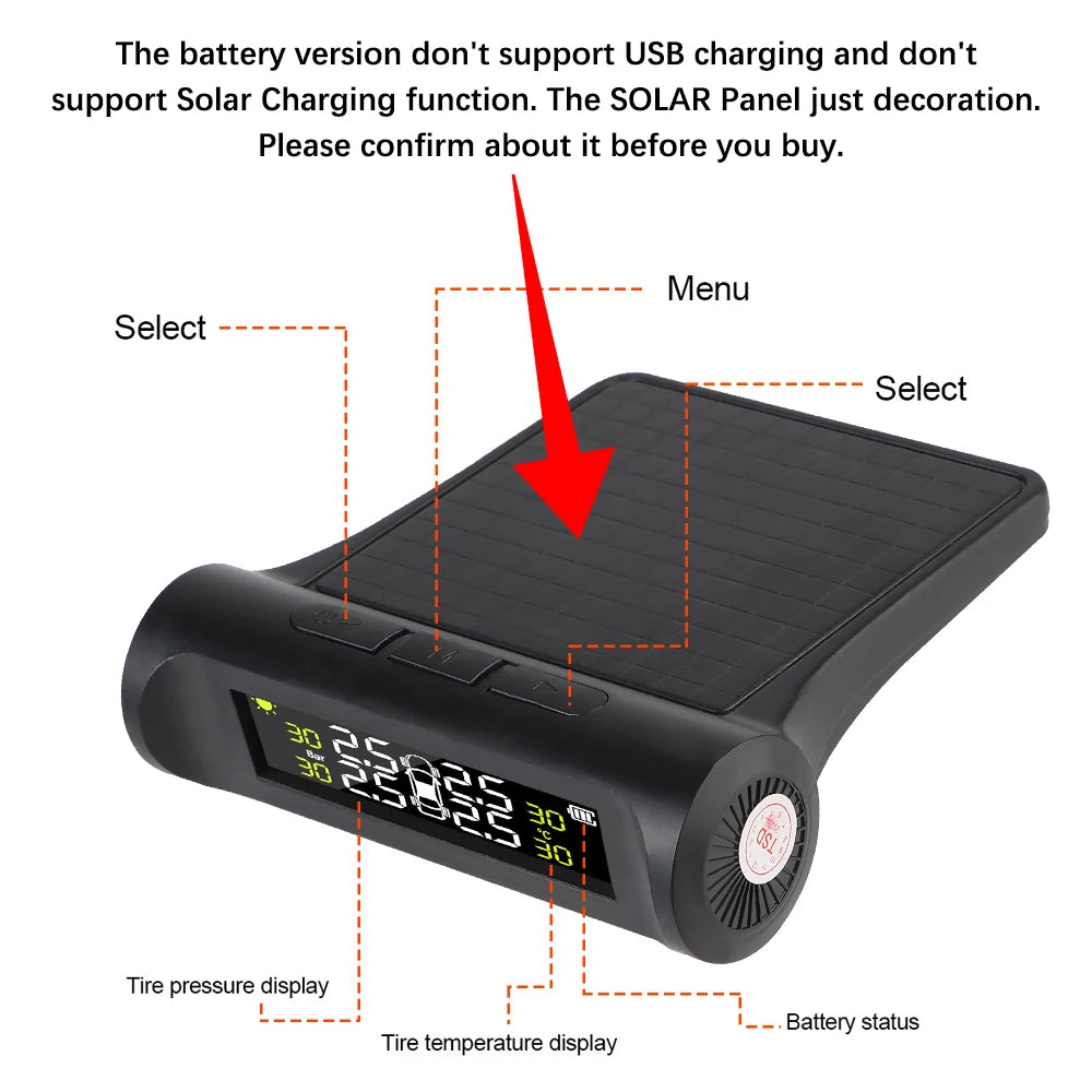 Tire Pressure Monitoring System Temperature Warning Fuel Save With 4 External Sensors Solar TPMS Car Tyre Pressure Monitor