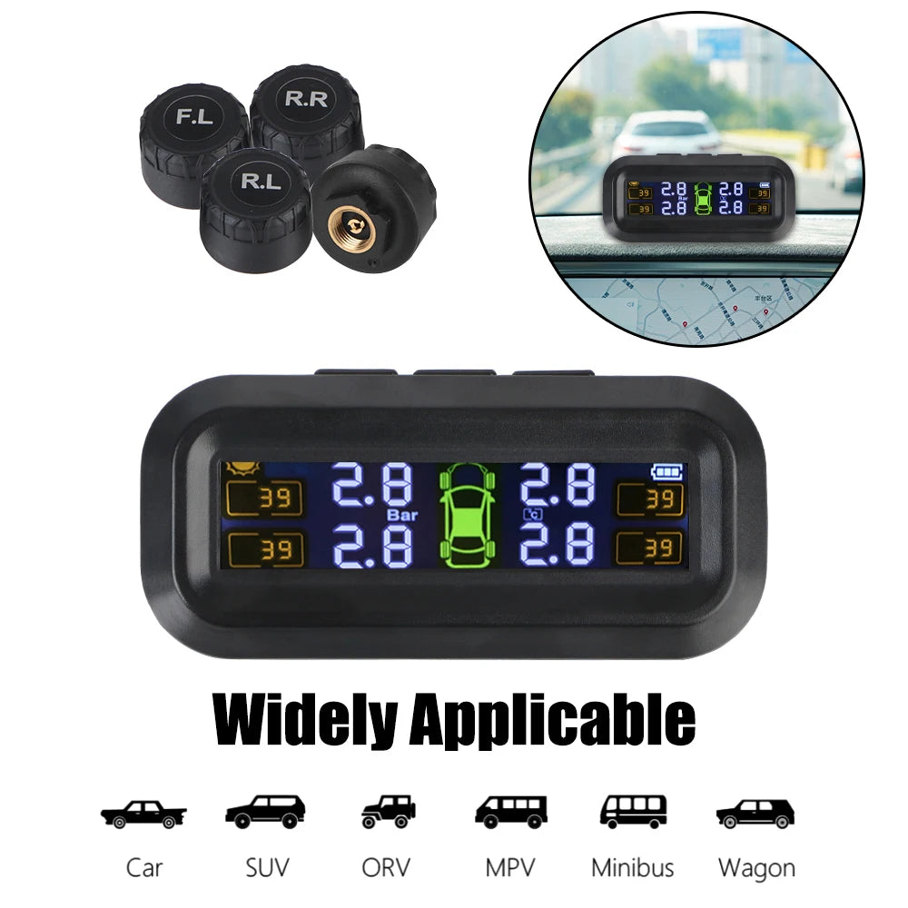 Tire Pressure Monitoring System Temperature Warning Fuel Save With 4 External Sensors Solar TPMS Car Tyre Pressure Monitor