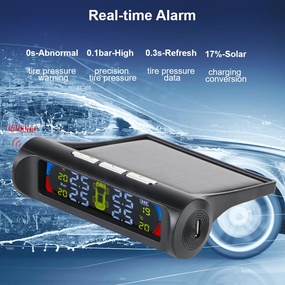 Tire Pressure Monitoring System Temperature Warning Fuel Save With 4 External Sensors Solar TPMS Car Tyre Pressure Monitor