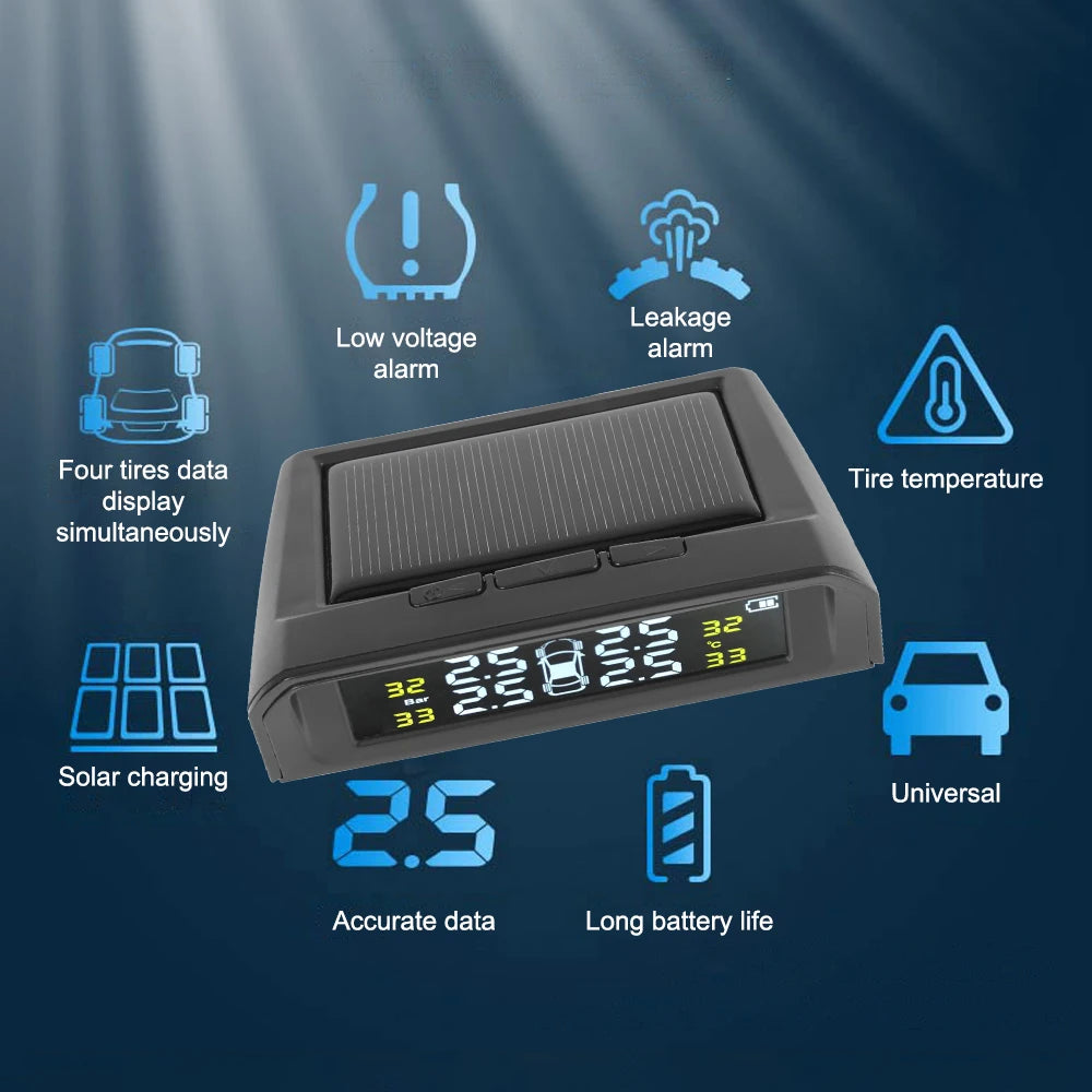 Tire Pressure Monitoring System Temperature Warning Fuel Save With 4 External Sensors Solar TPMS Car Tyre Pressure Monitor