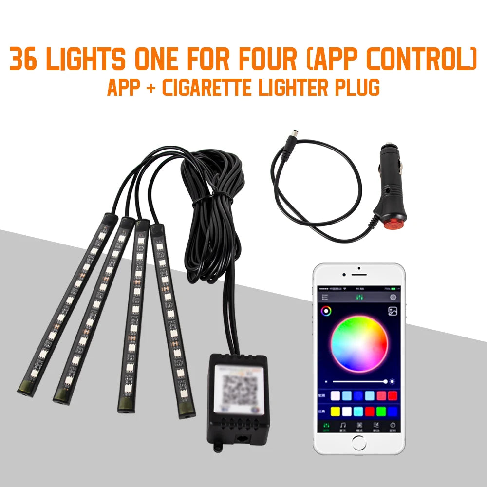Neon 36 48 72 LED Car Interior Ambient Foot Light with USB Wireless Remote Music APP Control Auto RGB Atmosphere Decorative Lamp