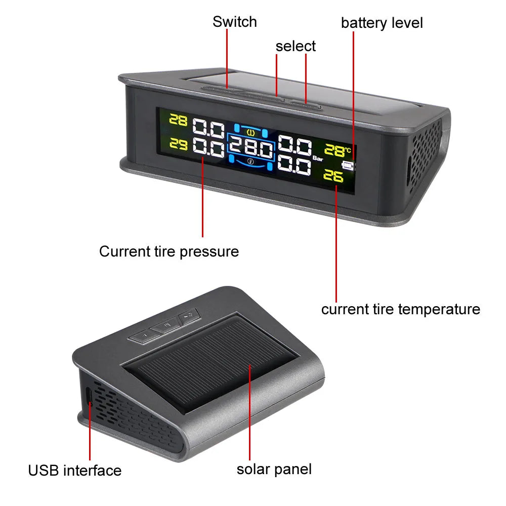 Tire Pressure Monitoring System Temperature Warning Fuel Save With 4 External Sensors Solar TPMS Car Tyre Pressure Monitor