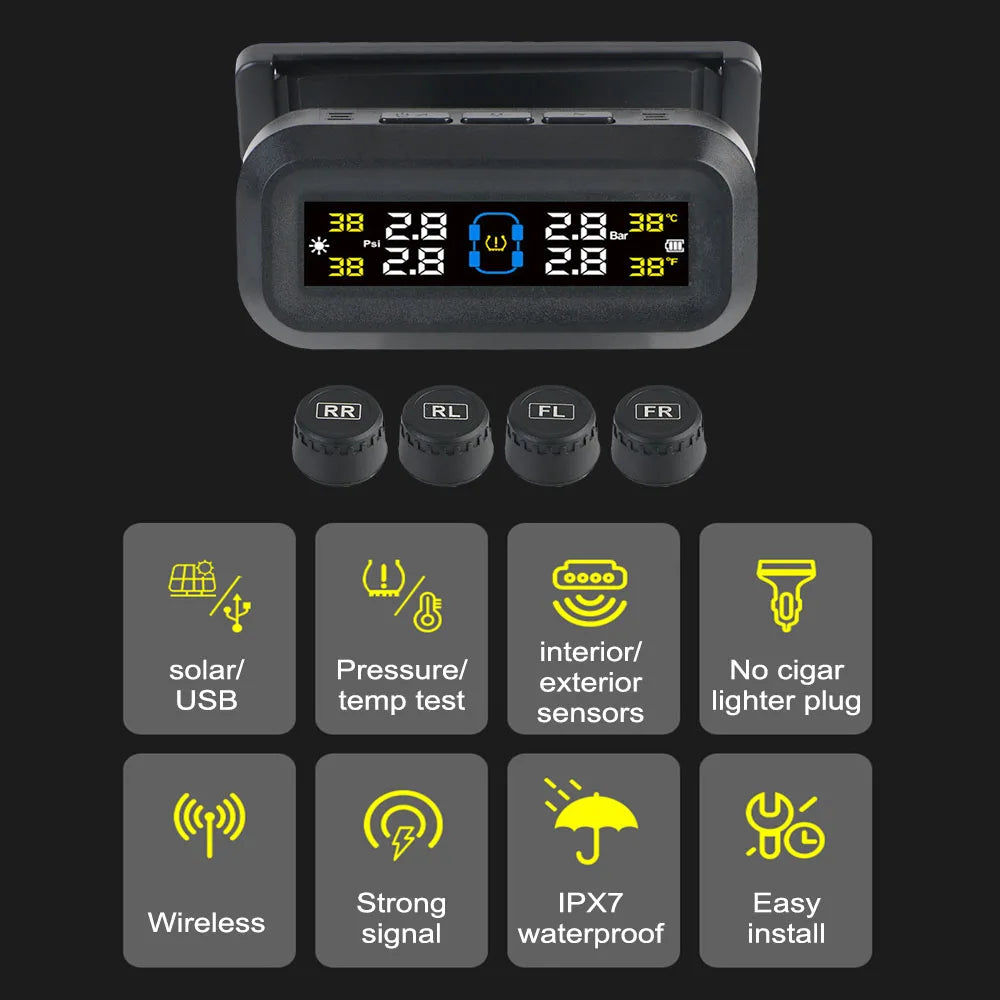 Tire Pressure Monitoring System Temperature Warning Fuel Save With 4 External Sensors Solar TPMS Car Tyre Pressure Monitor