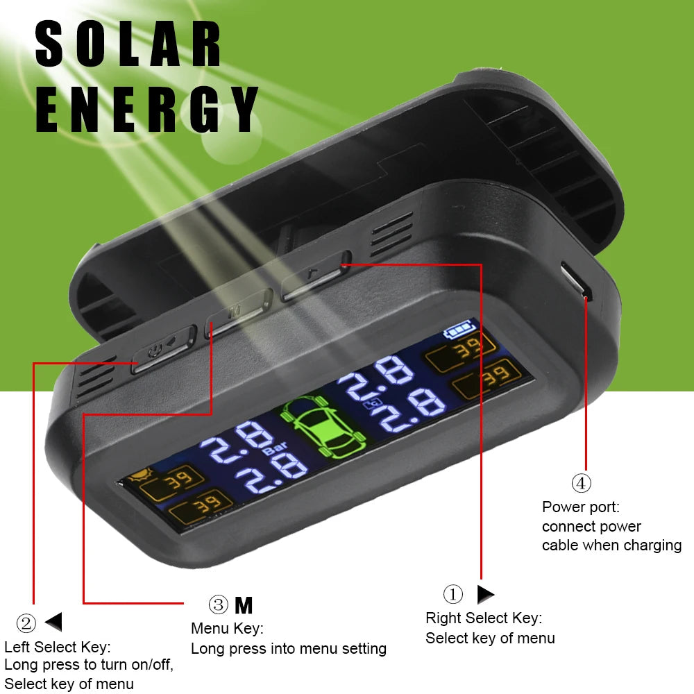 Tire Pressure Monitoring System Temperature Warning Fuel Save With 4 External Sensors Solar TPMS Car Tyre Pressure Monitor