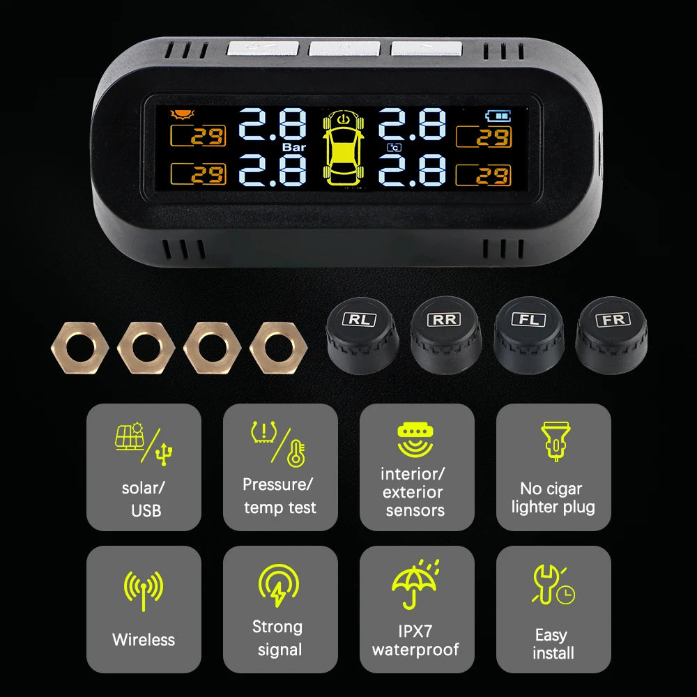 Tire Pressure Monitoring System Temperature Warning Fuel Save With 4 External Sensors Solar TPMS Car Tyre Pressure Monitor