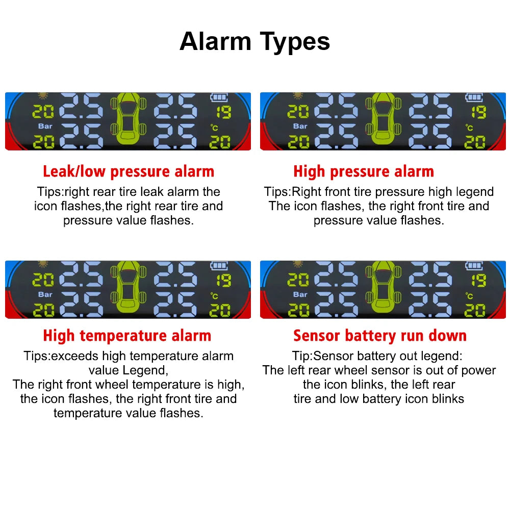 Tire Pressure Monitoring System Temperature Warning Fuel Save With 4 External Sensors Solar TPMS Car Tyre Pressure Monitor