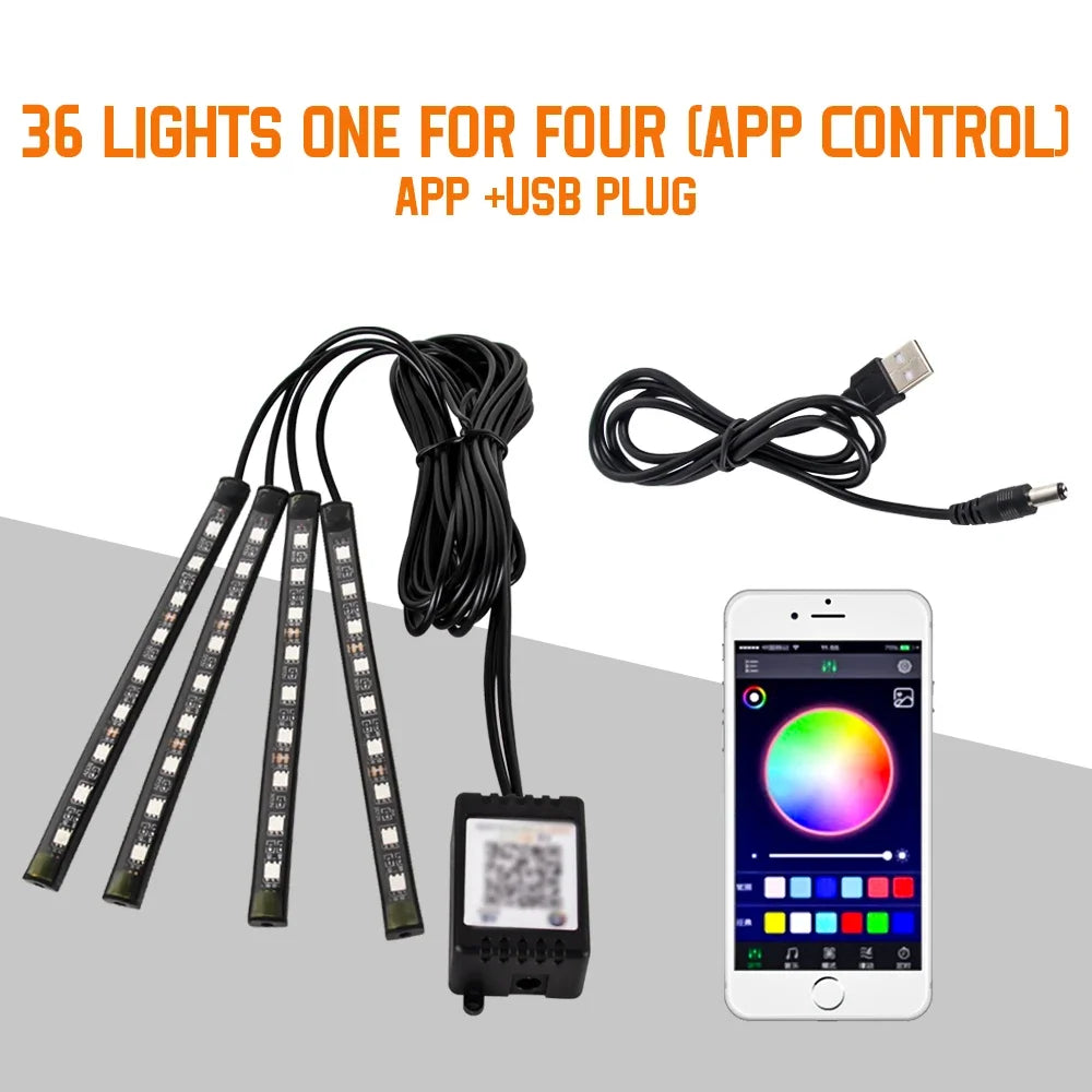 Neon 36 48 72 LED Car Interior Ambient Foot Light with USB Wireless Remote Music APP Control Auto RGB Atmosphere Decorative Lamp