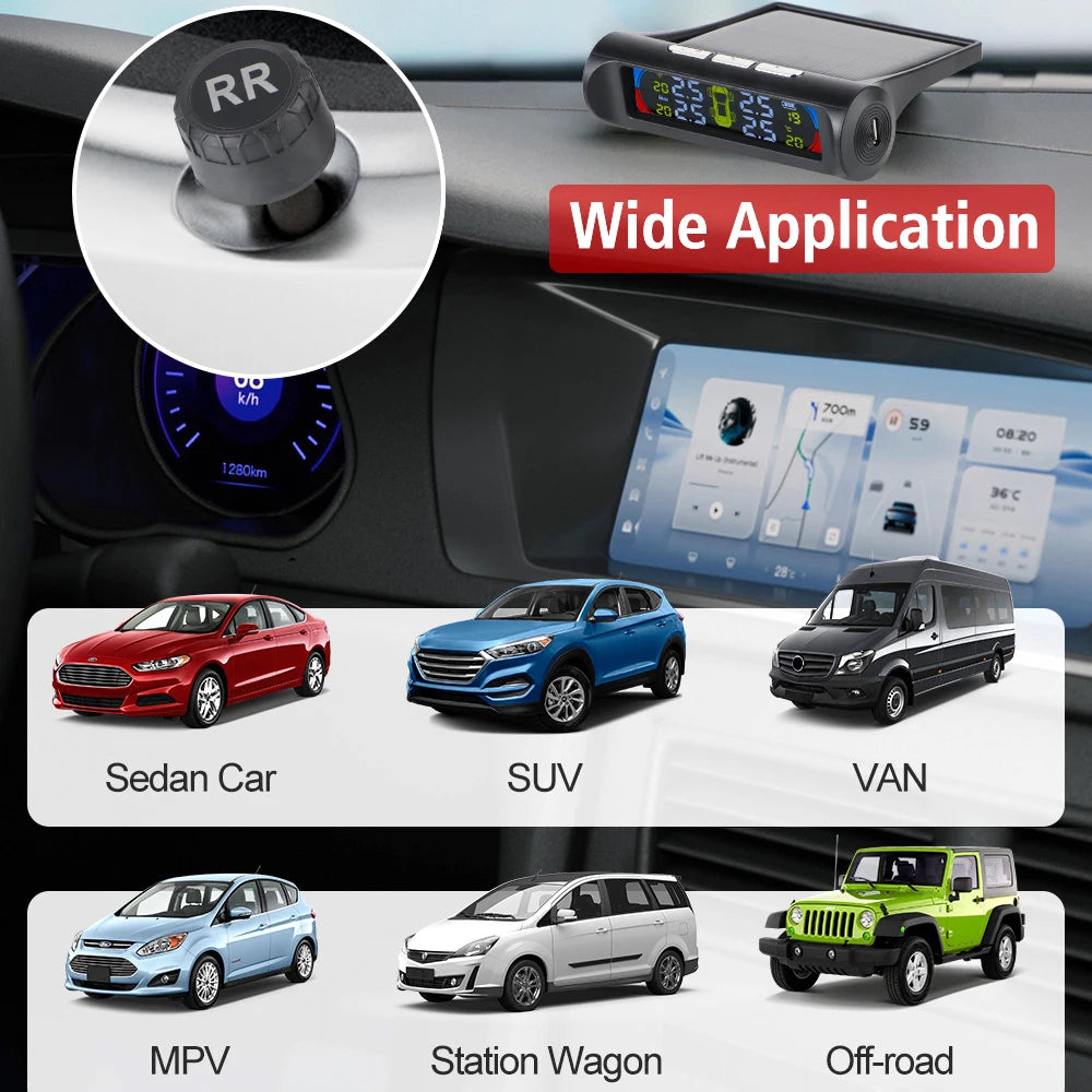 Tire Pressure Monitoring System Temperature Warning Fuel Save With 4 External Sensors Solar TPMS Car Tyre Pressure Monitor