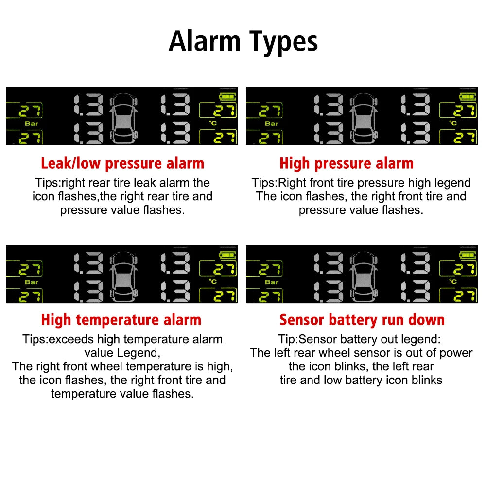 Tire Pressure Monitoring System Temperature Warning Fuel Save With 4 External Sensors Solar TPMS Car Tyre Pressure Monitor