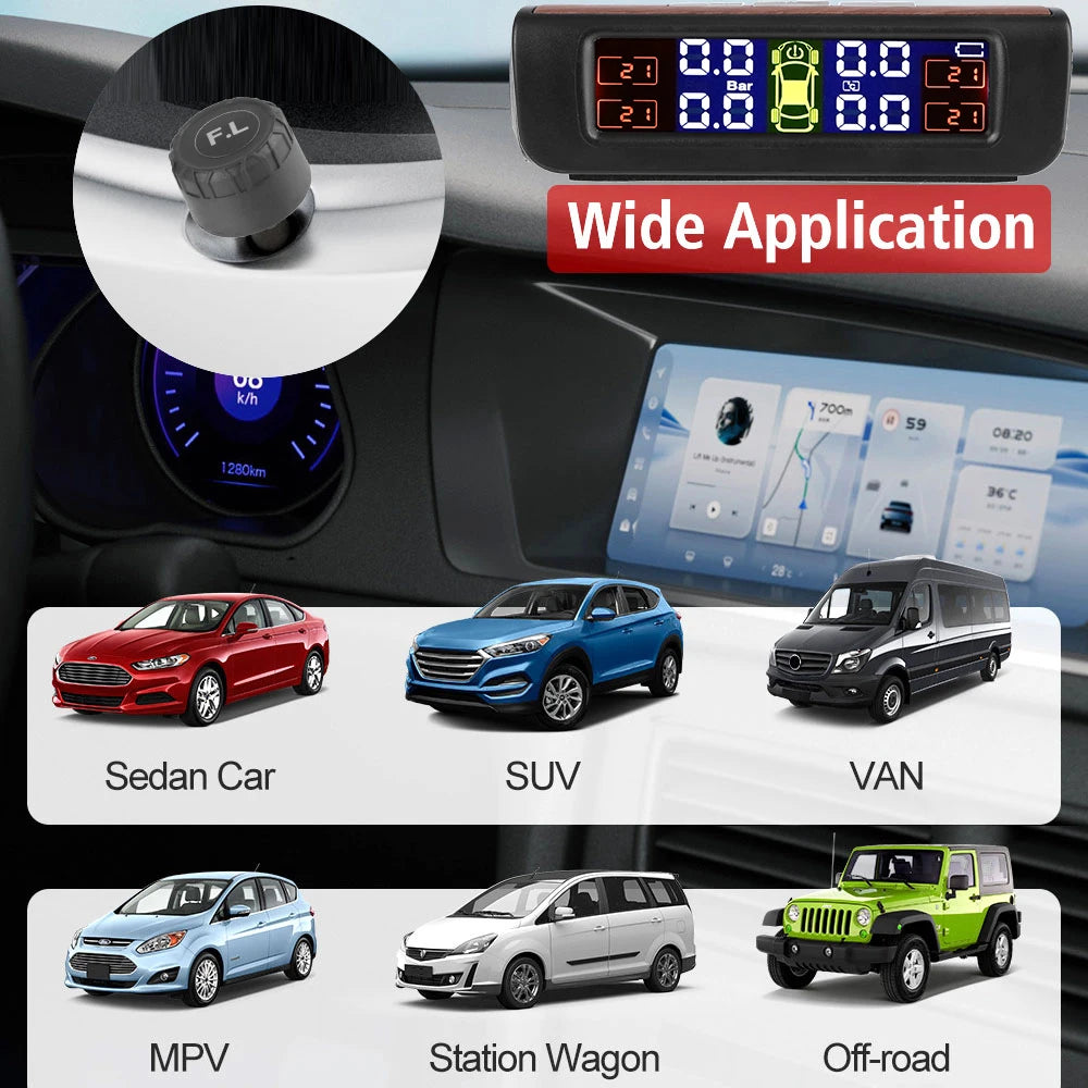 Tire Pressure Monitoring System Temperature Warning Fuel Save With 4 External Sensors Solar TPMS Car Tyre Pressure Monitor