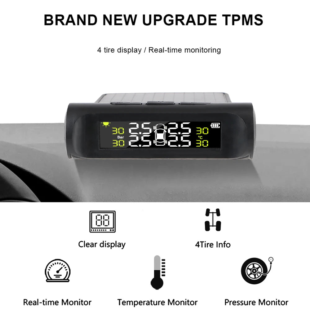 Tire Pressure Monitoring System Temperature Warning Fuel Save With 4 External Sensors Solar TPMS Car Tyre Pressure Monitor