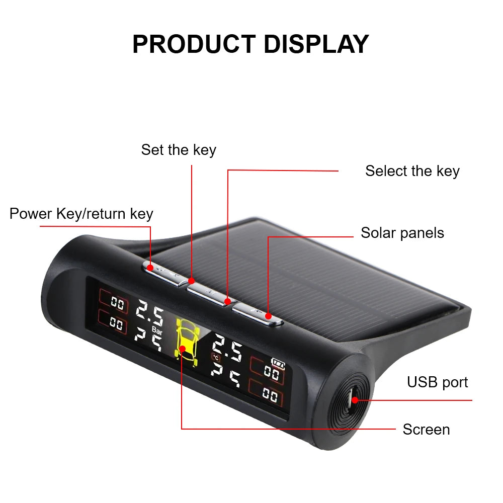 Tire Pressure Monitoring System Temperature Warning Fuel Save With 4 External Sensors Solar TPMS Car Tyre Pressure Monitor