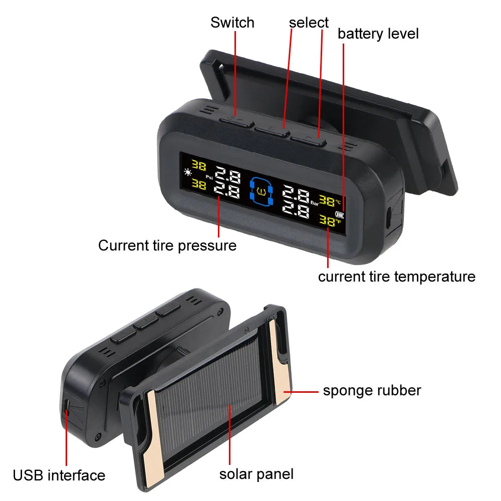 Tire Pressure Monitoring System Temperature Warning Fuel Save With 4 External Sensors Solar TPMS Car Tyre Pressure Monitor