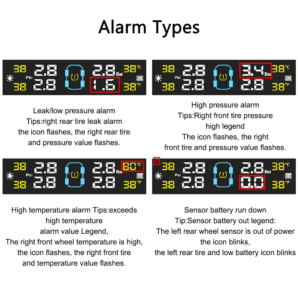 Tire Pressure Monitoring System Temperature Warning Fuel Save With 4 External Sensors Solar TPMS Car Tyre Pressure Monitor