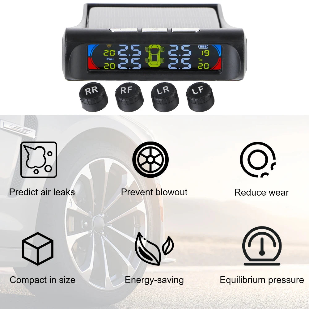 Tire Pressure Monitoring System Temperature Warning Fuel Save With 4 External Sensors Solar TPMS Car Tyre Pressure Monitor