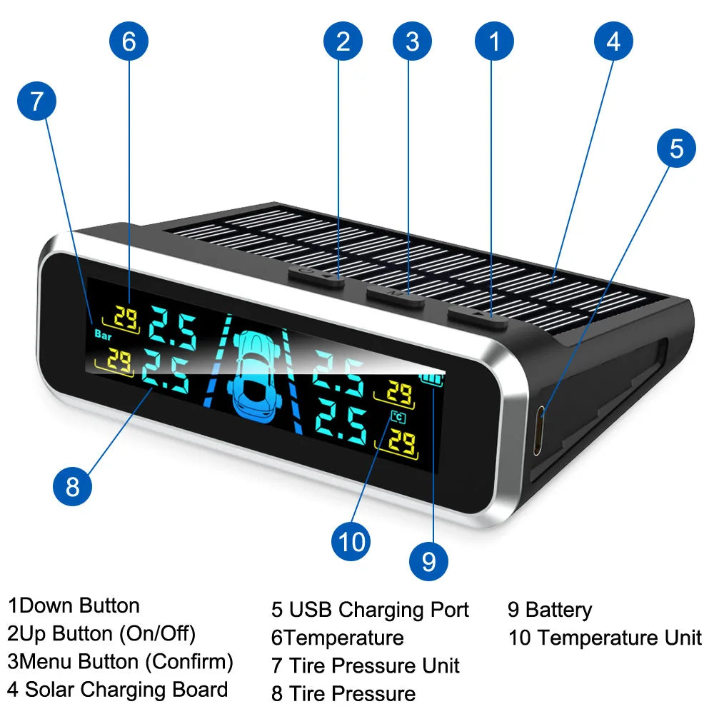 Tire Pressure Monitoring System Temperature Warning Fuel Save With 4 External Sensors Solar TPMS Car Tyre Pressure Monitor