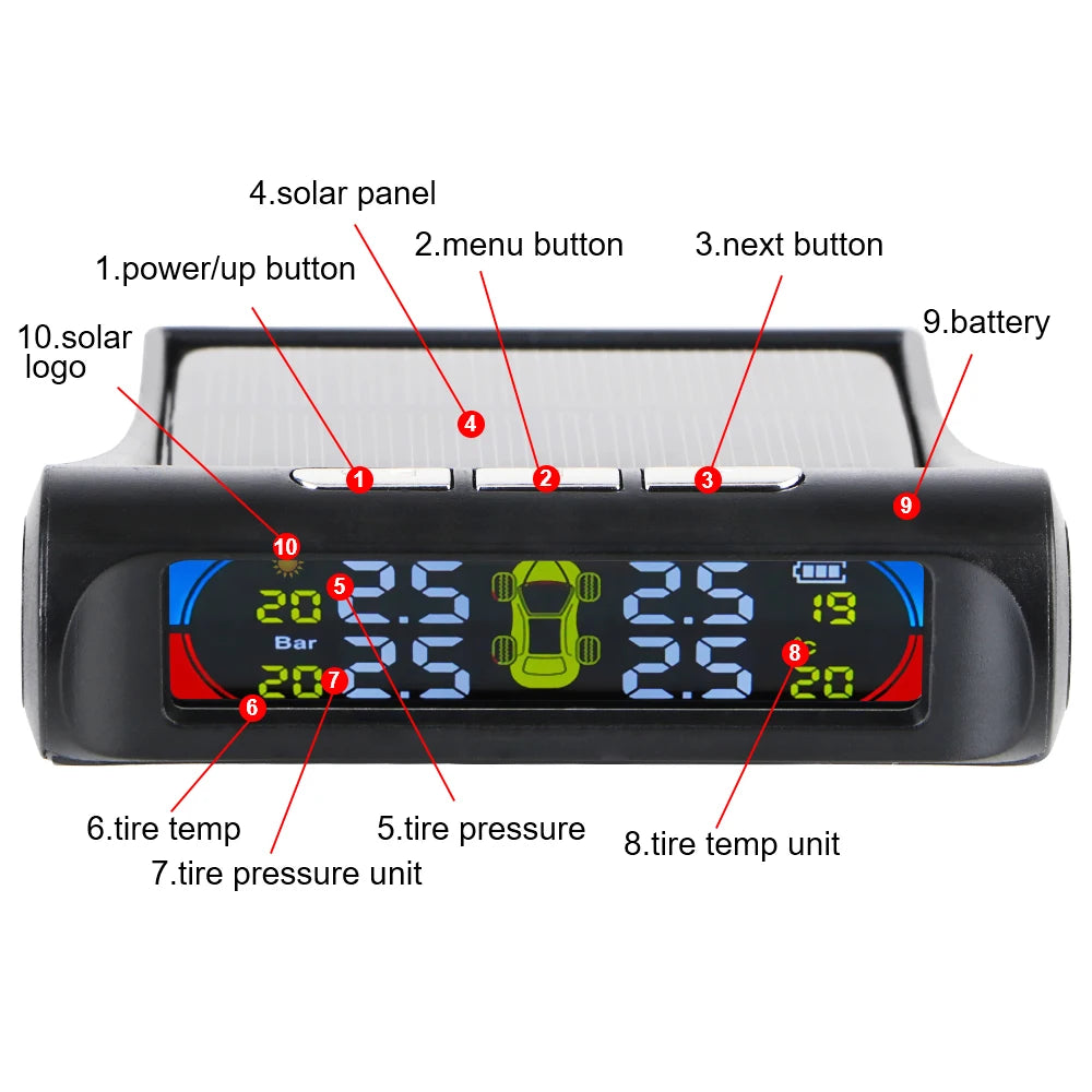 Tire Pressure Monitoring System Temperature Warning Fuel Save With 4 External Sensors Solar TPMS Car Tyre Pressure Monitor