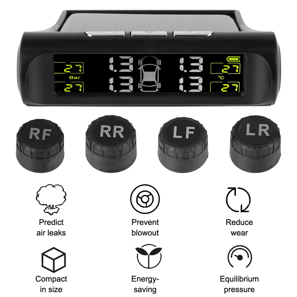 Tire Pressure Monitoring System Temperature Warning Fuel Save With 4 External Sensors Solar TPMS Car Tyre Pressure Monitor