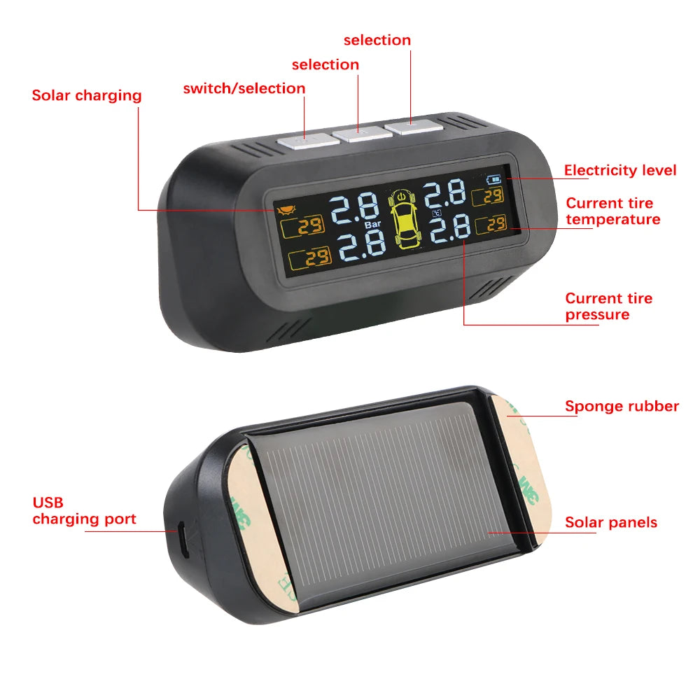 Tire Pressure Monitoring System Temperature Warning Fuel Save With 4 External Sensors Solar TPMS Car Tyre Pressure Monitor