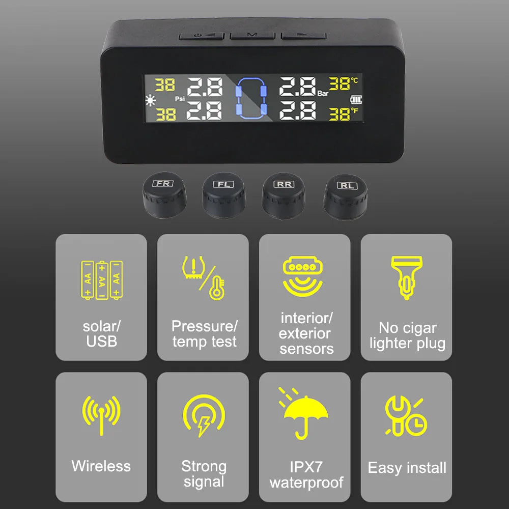 Tire Pressure Monitoring System Temperature Warning Fuel Save With 4 External Sensors Solar TPMS Car Tyre Pressure Monitor