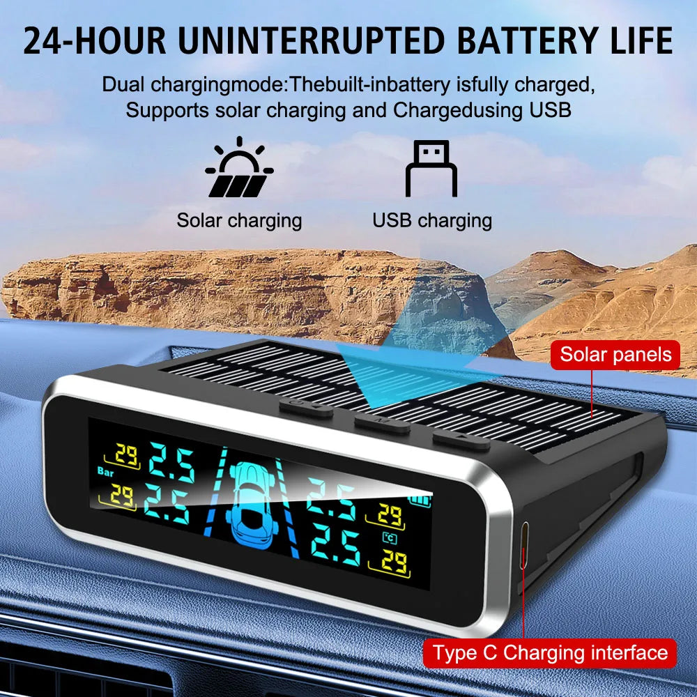 Tire Pressure Monitoring System Temperature Warning Fuel Save With 4 External Sensors Solar TPMS Car Tyre Pressure Monitor