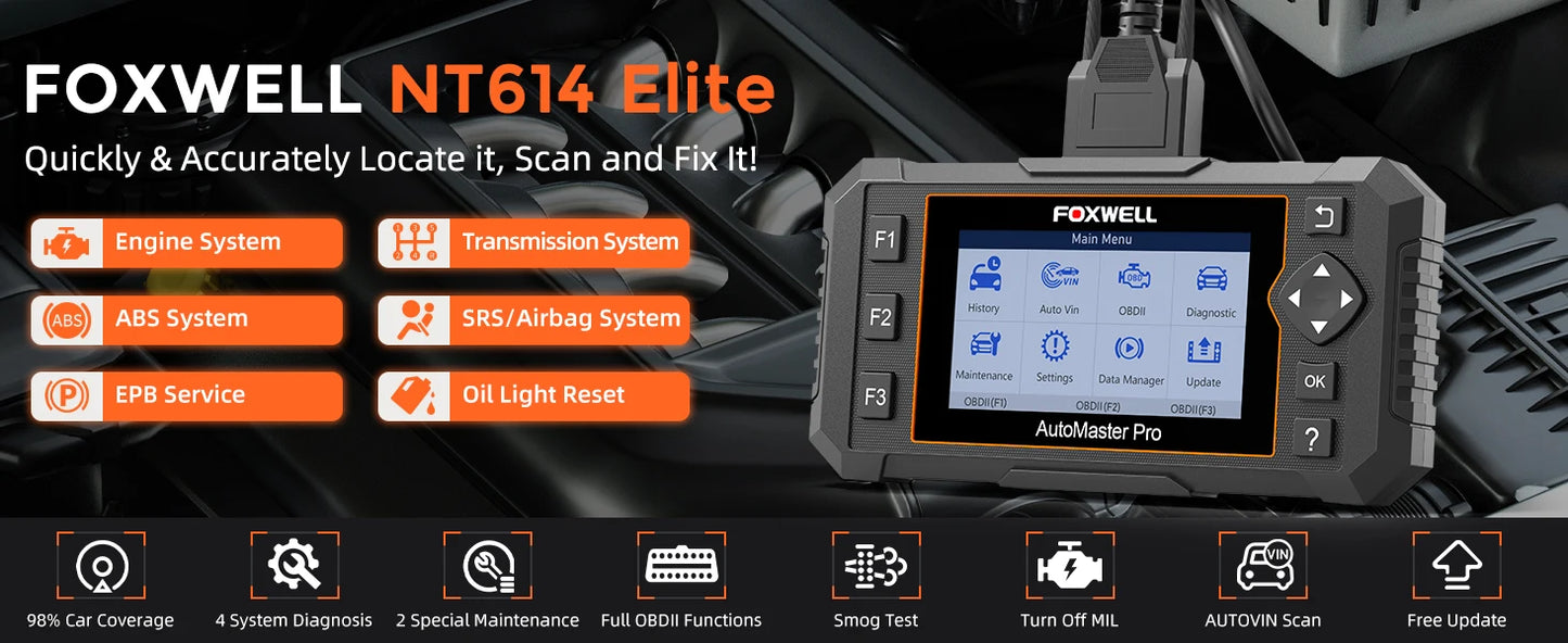 FOXWELL NT614 Elite OBD2 Scanner ABS SRS Transmission Engine Code Reader SAS EPB Oil Light 5 Reset OBD2 Car Diagnostic Scan Tool